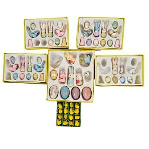 Vintage Easter Ornaments Wooden and Plastic Painted Eggs Bunnies Chickens Pastel